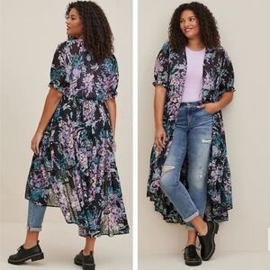 Torrid Ruffle Kimono Chiffon Clip Dot Floral Black Top 3X